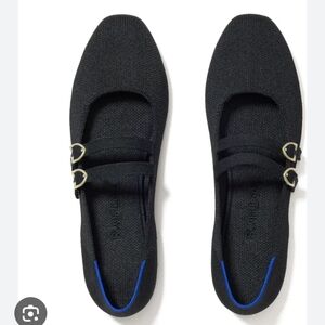 Rothy's  Double Buckle Mary Jane  Black Flats with Blue Accents